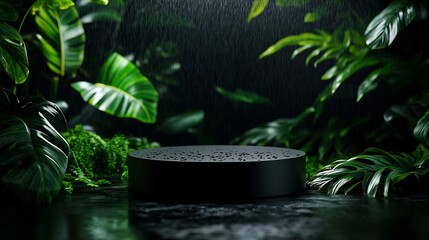 Rainforest Mystique: A Dark, Lush Scene with a Black Cylindrical Display