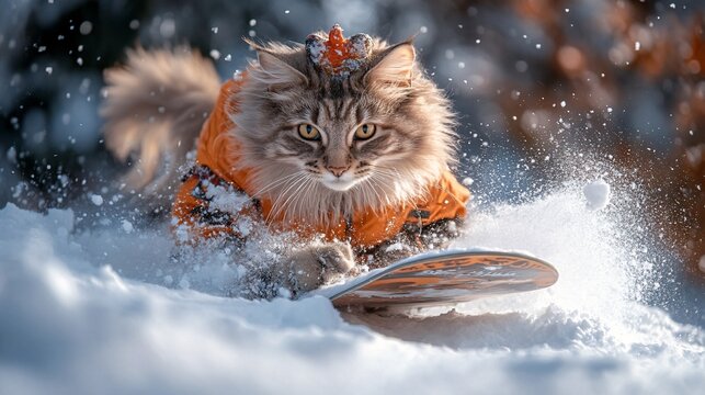 Playful Cat in Floatable Snow Gear Enjoying a Snowy Day on a Snowboard in Winter Wonderland