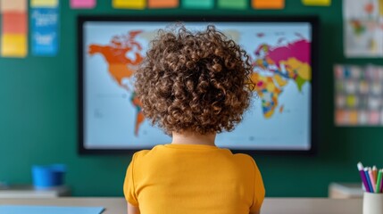 Child engaged in learning geography classroom educational image interactive environment rear view global awareness