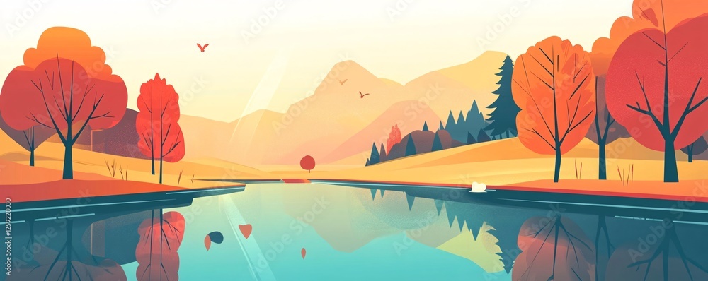 Poster autumn landscape with colorful trees reflected on the lake