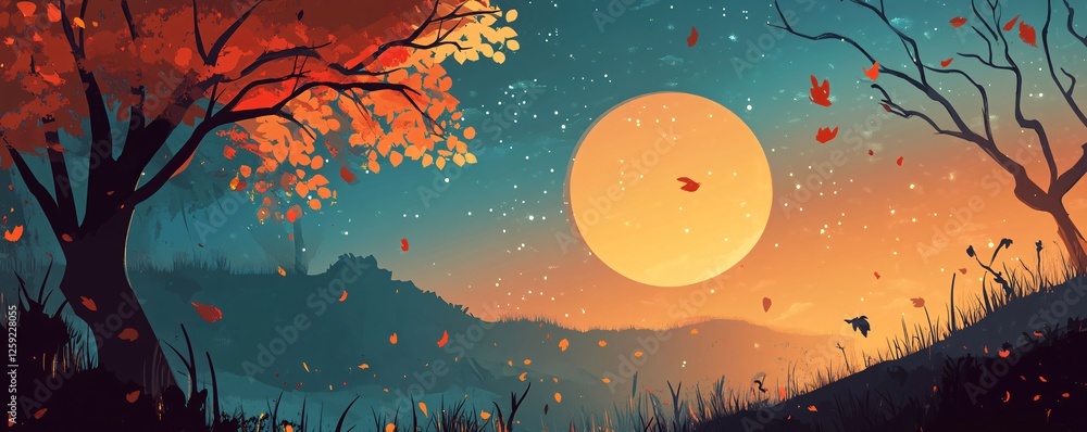 Aufkleber autumn leaves falling from trees under full moon at twilight