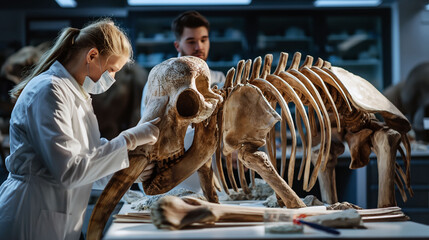 Researchers study ancient mammoth fossils in a modern scientific lab environment focused on preservation and analysis
