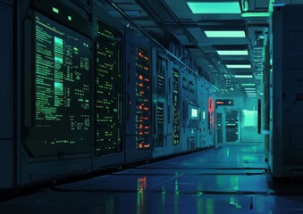 Futuristic server room corridor with glowing screens