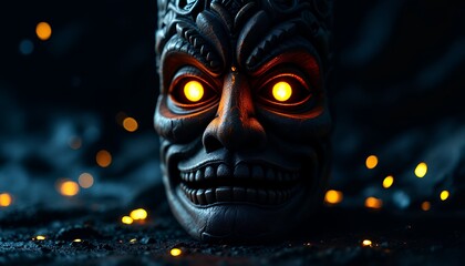 Tiki Mask with Glowing Eyes and Evil Grin Amidst Dark Setting