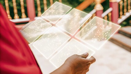 A closeup of a persons temple with subtle holographic interfaces showing gene editing visuals demonstrating the futuristic approach to personalized treatments.