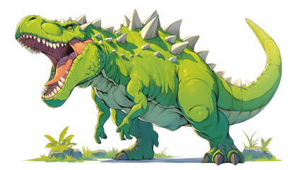 Fototapeta premium Stylized green dinosaur with spikes roaring isolated on white background