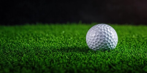 Obraz premium Golf ball resting on lush green turf against dark background close-up image for sports photography