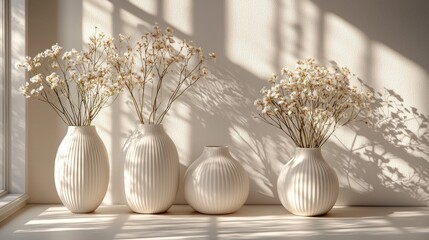 In minimalist ceramic studio white porcelain vases and bowls are neatly arranged in perfect symmetry. Soft shadows create serene atmosphere highlights modern design.