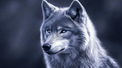 Obraz premium A striking close-up of a silver wolf, its face partially lit by soft ambient light, revealing intricate fur details and piercing eyes