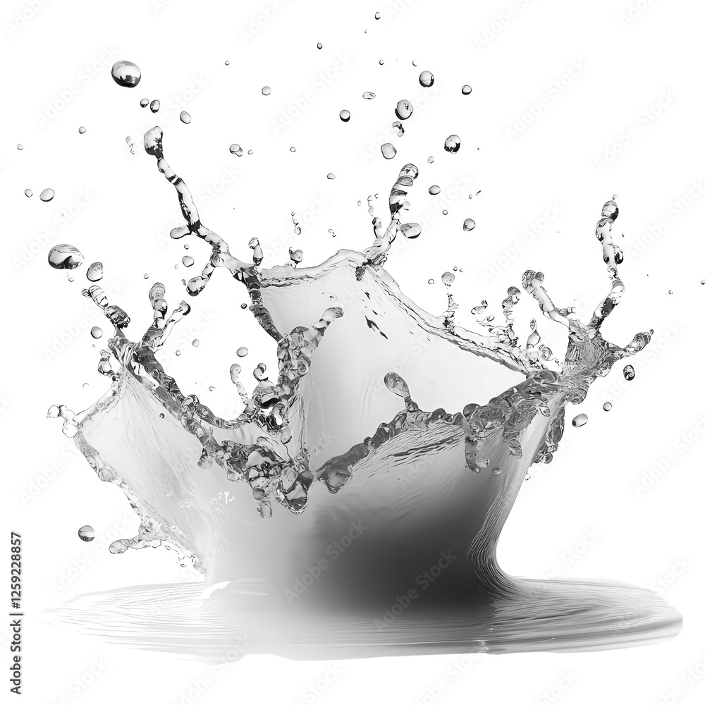 Poster splash of water creating dynamic patterns on a black background with droplets and reflections on whi