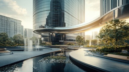 Modern City Oasis, Architectural Marvel with Serene Water Features