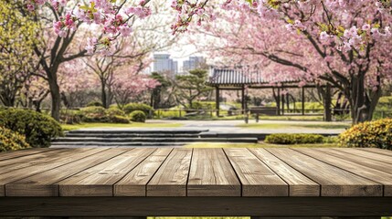 Fototapeta premium Tranquil Spring Garden, Wooden Table View