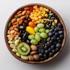 healthy Vibrant Bowl Overflowing with Fresh Assorted Fruits and Nuts Creating a Colorful and Nutritious Display of Nature's Bounty on a Wooden Table food