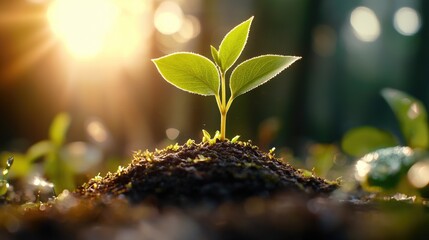 Sunrise seedling growth, forest background, new life (1)