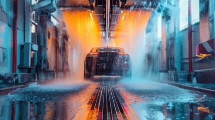 Automatic car wash with water jets and robotic arms in action