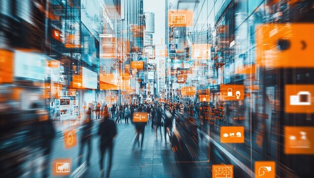 Urban Cityscapes: Blurry Motion of People, Buildings, and Data Streams in a Futuristic Smart City