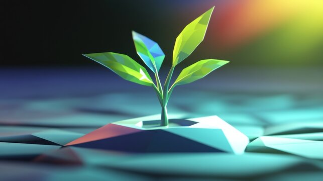 Low Poly Plant Sprouting From Geometric Terrain