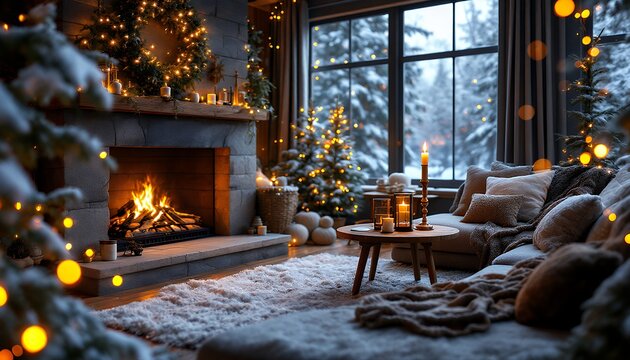 Cozy Christmas Living Room with Fireplace, Tree and Snowy View