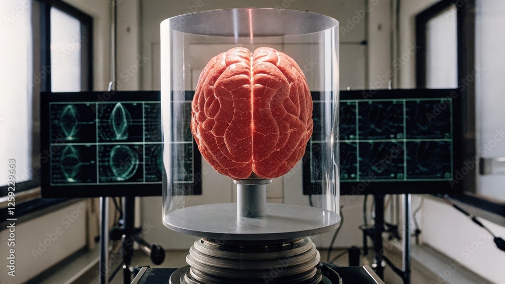 Poster a conceptual image of a brain in a laboratory setting with holographic displays tracking the effects