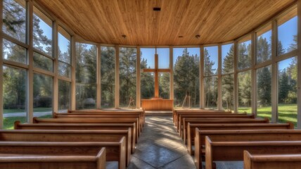 Chapel Interior with Wooden Pews and Large Windows