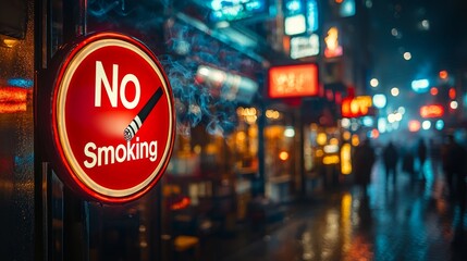 Classic no smoking sign featuring cigarette icon within red circle displayed on glass door. sign reflects vibrant surroundings of lively city street night.