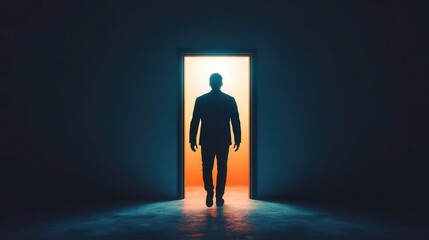 Obraz premium Emerging from darkness a figure walking through an open door surreal setting dark environment concept of new beginnings