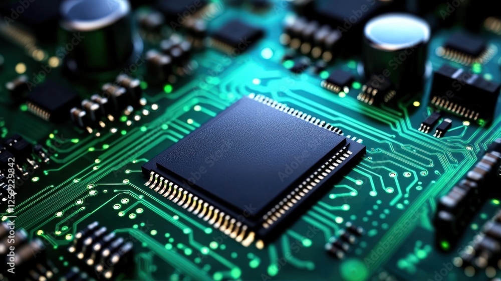 Poster close-up action of microchip on circuit board technology hub detailed electronic components high-tec