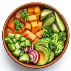 healthy Vibrant Bowl of Freshly Harvested Vegetables Including Carrots Broccoli and Bell Peppers Arranged Artfully for a Healthy and Colorful Meal Presentation food
