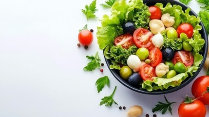 healthy Vibrant Fresh Salad Featuring Juicy Tomatoes and Flavorful Olives Garnished with Aromatic Herbs and Dressed in a Light Citrus Vinaigrette Delight food