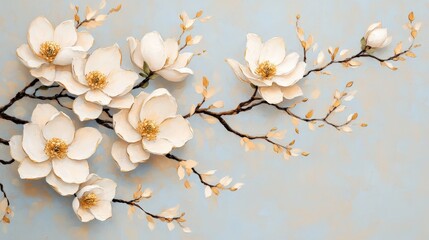 Obraz premium Magnolia blossoms in neutral tones with golden centers nature floral art indoor setting close-up aesthetic beauty