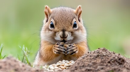 Fototapeta premium Cute squirrel eating seeds, garden, nature