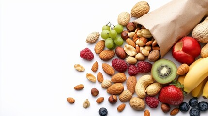 healthy Colorful Bag Overflowing with Assorted Nuts and Dried Fruits Perfectly Blending Natural Textures and Vibrant Colors for a Healthy Snack Option food