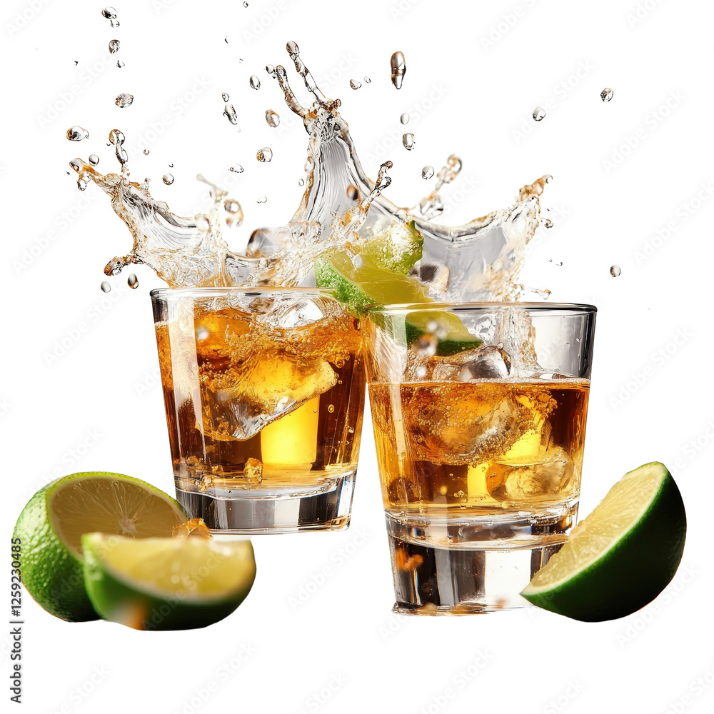 Aufkleber two glasses of whiskey with lime slices and ice cubes on a wooden table in a relaxed setting on whit