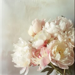 Delicate bouquet of white and pink peonies on soft background
