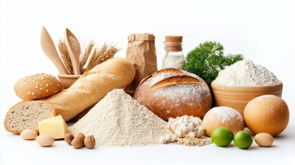 Fototapeta premium healthy An Assortment of Artisan Breads Including Sourdough Whole Grain Baguette Ciabatta and Accompanying Fresh Ingredients on a Rustic Wooden Table food