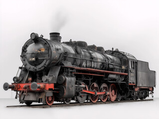 Front and side views of vintage steam locomotives, showcasing detailed metalwork, large headlights, and classic industrial design.