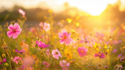 Fototapeta premium Bright Dawn Over a Blooming Field of Pink and Yellow Flowers