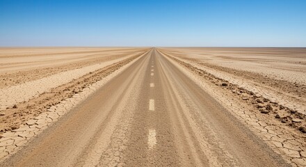 Naklejka premium Driving Through Endless Desert Road with Blue Sky Landscape