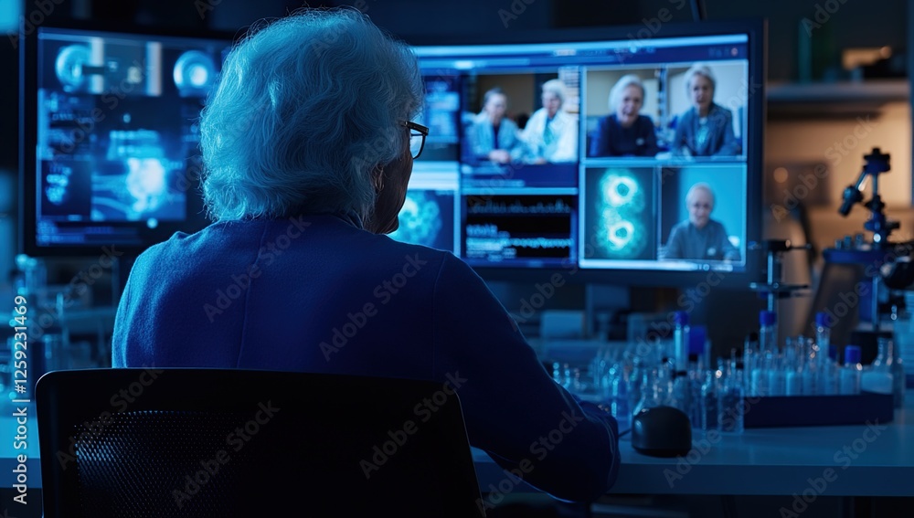 Poster scientist analyzes data on multiple screens during night research session