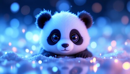 Cute Baby Panda Cub Resting with Magical Bokeh Lights Background