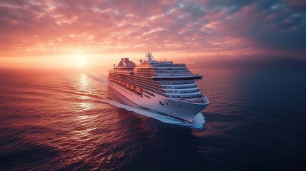Majestic cruise ship sailing through calm waters at sunset, with vibrant clouds in the background