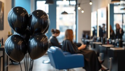 Black Balloons Decorate Stylish Salon,  Adding Festive Atmosphere to the Space