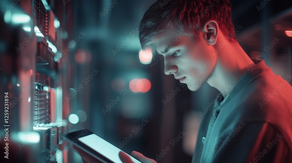 Poster young man in front of server rack. caucasian man with a tablet on a table. automation of room data s