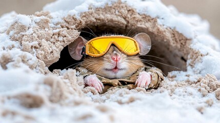 Obraz premium Cute rodent with sunglasses relaxing in snow-covered sandy burrow during winter day in nature
