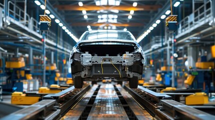 Obraz premium Car assembly process on a production line in a factory setting