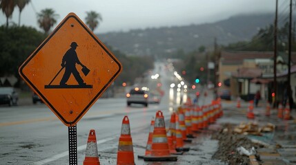 bright orange diamond shaped road work sign stands prominently as workers prepare for construction alongside street cluttered cones and barriers. Overcast skies enhance urban atmosphere.