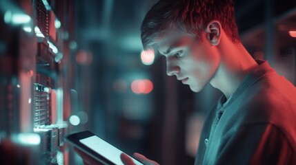 Young man in front of server rack. Caucasian man with a tablet on a table. Automation of room data storage servers. A young man stands in front of lifestyle a server cabinet.