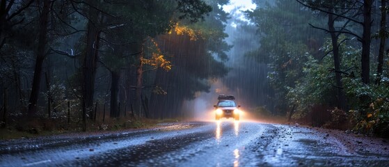 Car navigating a forest road during a thunderstorm with dramatic weather.