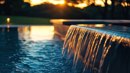 Sunset Serenity: A Tranquil Poolside Waterfall at Golden Hour