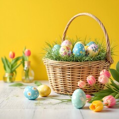 Happy easter, Easter painted eggs in the basket on wooden rustic table for your decoration in holiday. Background, copy space. Wallpaper